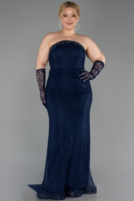 Long Navy Blue Dantelle Plus Size Evening Dress ABU6280