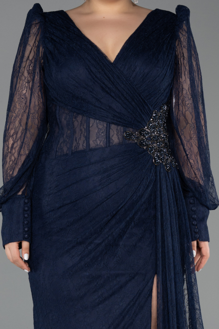 Long Navy Blue Dantelle Plus Size Evening Gown ABU6283