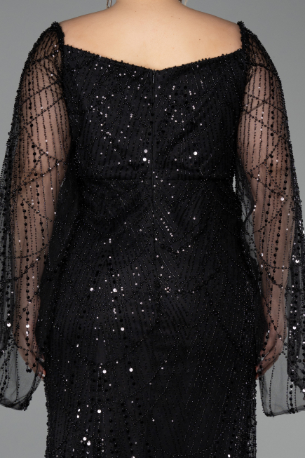 Long Black Beaded Plus Size Evening Gown ABU5067