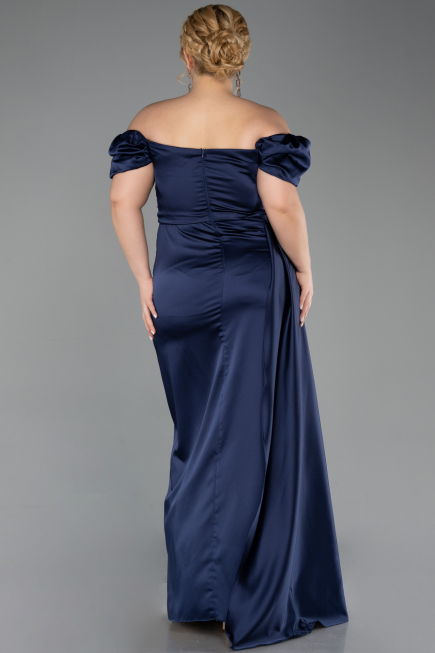 Navy Blue Long Satin Plus Size Evening Dress ABU1626