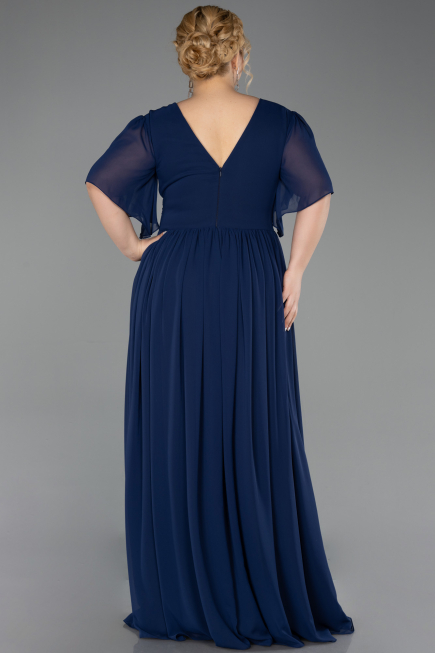 Long Navy Blue Chiffon Plus Size Evening Gown ABU6309