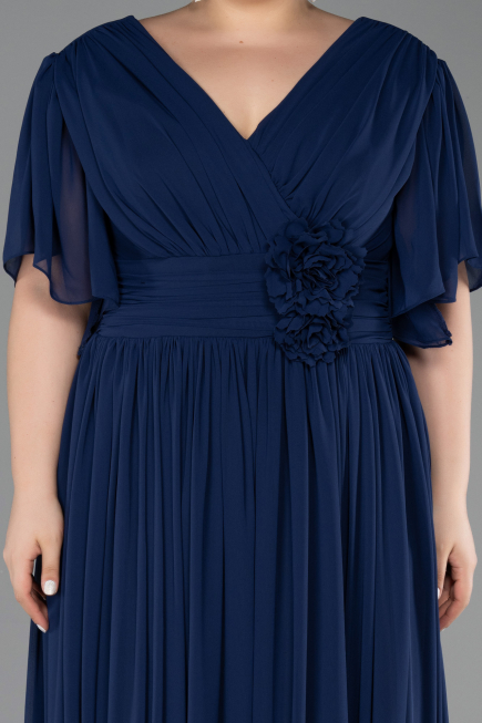 Long Navy Blue Chiffon Plus Size Evening Gown ABU6309