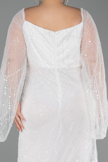White Long Beaded Plus Size Evening Gown ABU5067