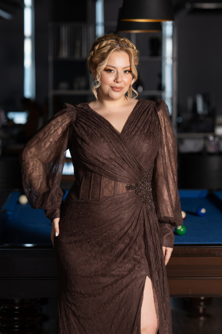Long Brown Dantelle Plus Size Evening Gown ABU6283