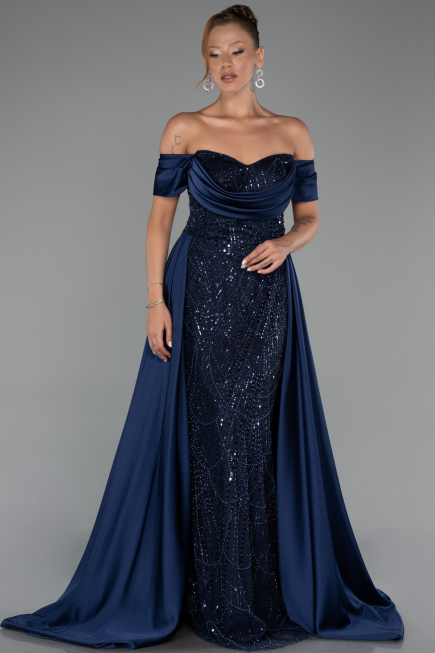 Long Navy Blue Beaded Evening Dress ABU6329