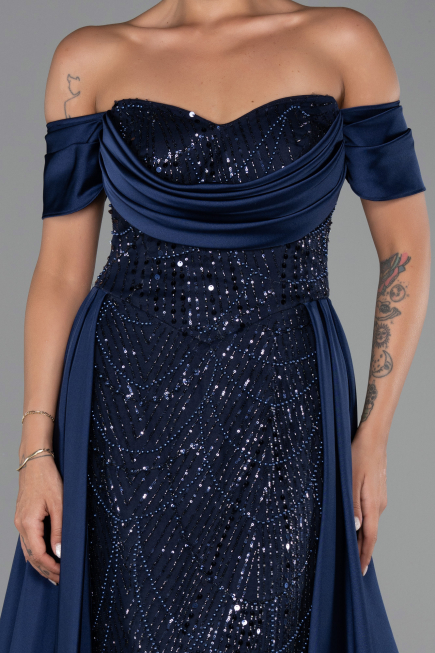 Long Navy Blue Beaded Evening Dress ABU6329