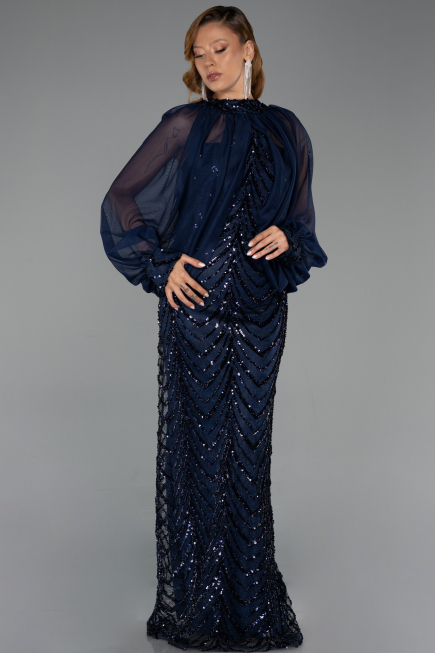 Long Navy Blue Scaly Plus Size Evening Dress ABU6328