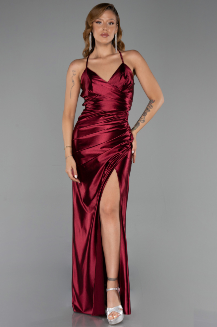 Long Cherry Colored Satin Prom Gown ABU2800