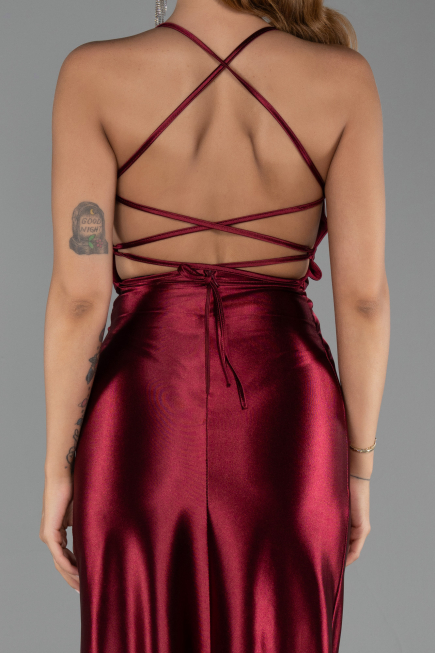 Long Cherry Colored Satin Prom Gown ABU2800