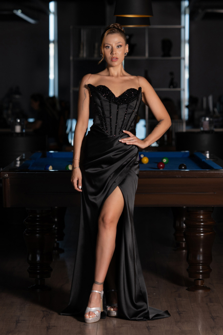 Long Black Satin Evening Dress ABU6320