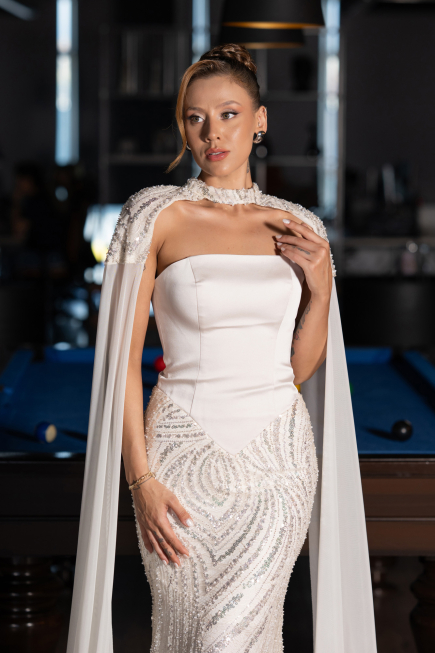 Long Beige Beaded Mermaid Prom Dress ABU6315