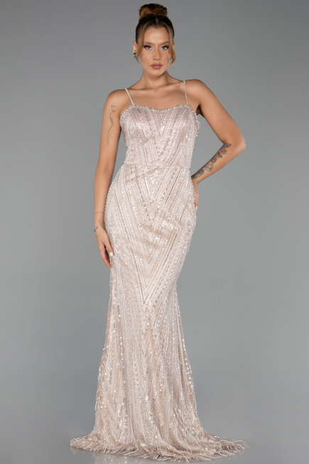 Long Beige Beaded Evening Dress ABU5730