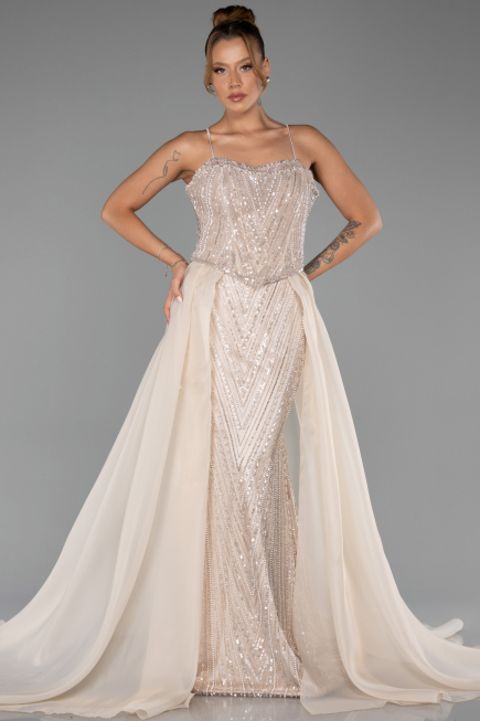 Long Beige Beaded Evening Dress ABU5730