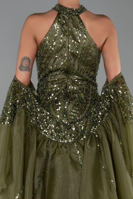 Long Olive Drab Beaded Evening Dress ABU6348