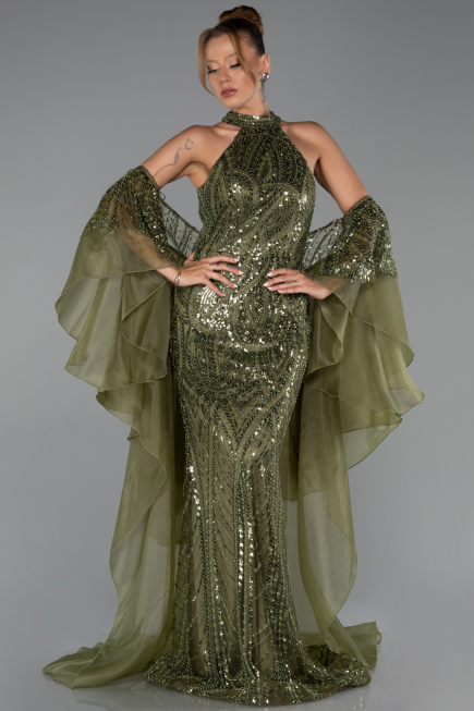 Long Olive Drab Beaded Evening Dress ABU6348
