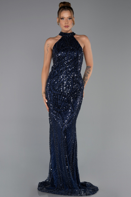 Long Navy Blue Beaded Evening Dress ABU6348