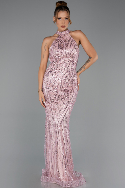 Long Powder Color Beaded Evening Dress ABU6348