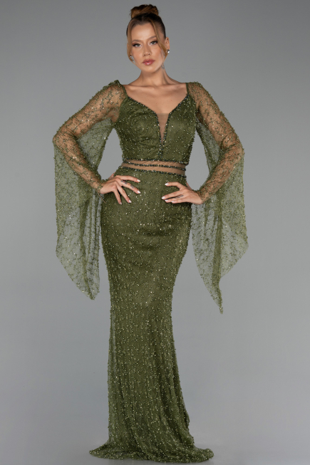 Long Olive Drab Beaded Evening Dress ABU6349