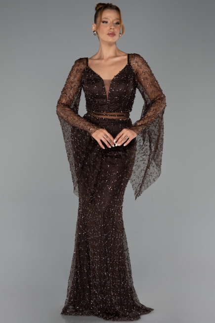 Long Brown Beaded Evening Dress ABU6349