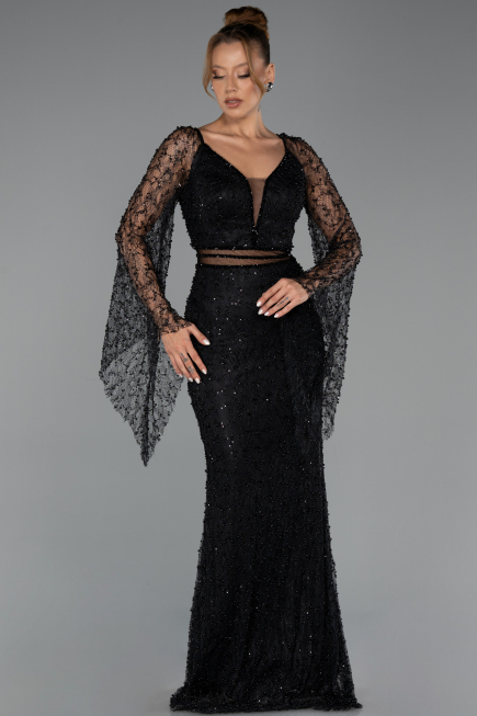 Long Black Beaded Evening Dress ABU6349