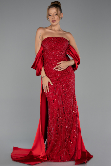 Long Red Beaded Evening Dress ABU6351