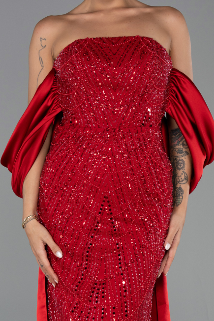 Long Red Beaded Evening Dress ABU6351