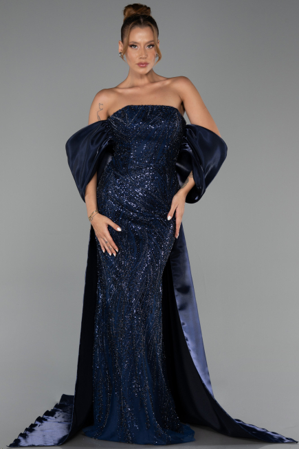 Long Navy Blue Beaded Evening Dress ABU6351