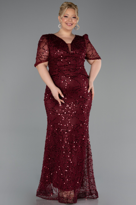 Long Burgundy Beaded Plus Size Evening Gown ABU6334