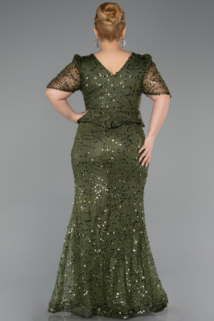 Long Olive Drab Beaded Plus Size Evening Dress ABU6334