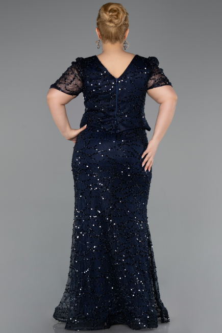 Long Navy Blue Beaded Plus Size Evening Dress ABU6334