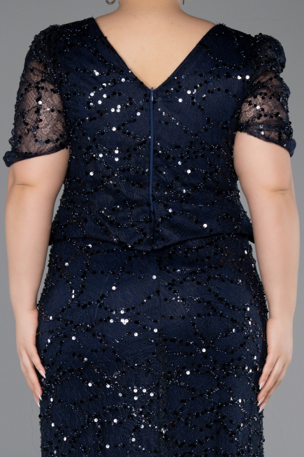 Long Navy Blue Beaded Plus Size Evening Dress ABU6334