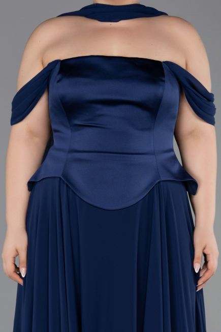 Long Navy Blue Chiffon Plus Size Evening Dress ABU5551