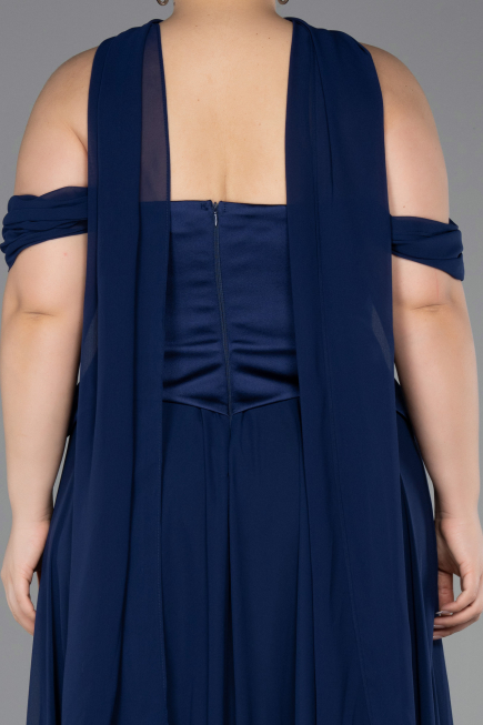 Long Navy Blue Chiffon Plus Size Evening Dress ABU5551