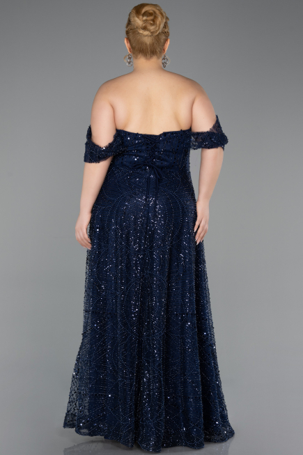 Long Navy Blue Beaded Plus Size Evening Gown ABU6347