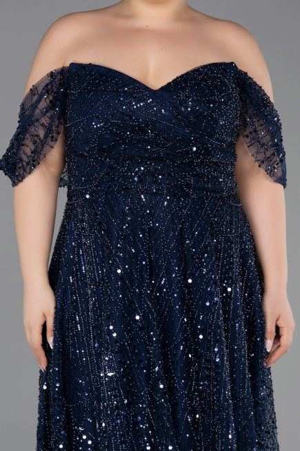 Long Navy Blue Beaded Plus Size Evening Gown ABU6347