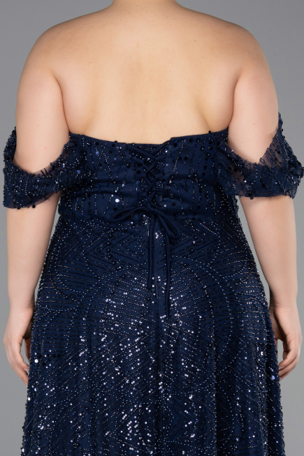 Long Navy Blue Beaded Plus Size Evening Gown ABU6347