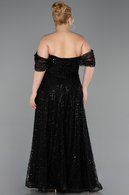 Long Black Beaded Plus Size Evening Gown ABU6347