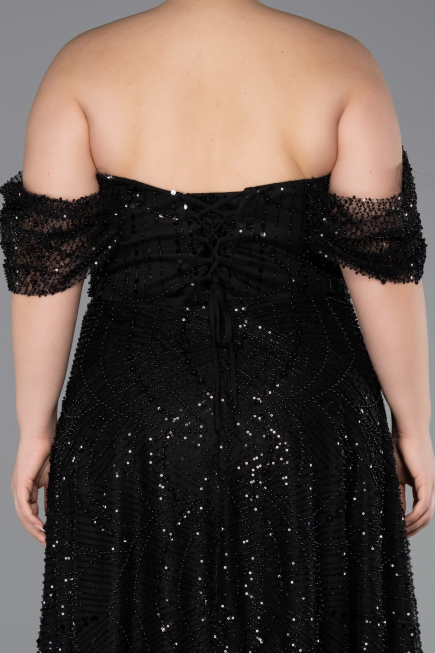 Long Black Beaded Plus Size Evening Gown ABU6347