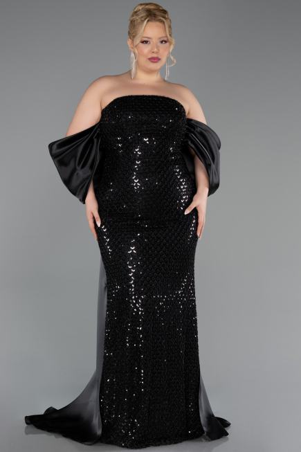 Long Black Scaly Plus Size Evening Gown ABU6312