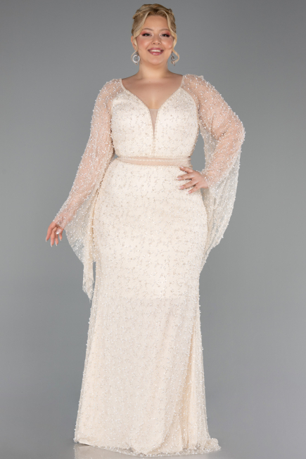 Long Beige Beaded Plus Size Evening Dress ABU6350