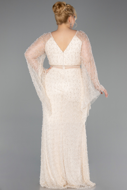 Long Beige Beaded Plus Size Evening Dress ABU6350