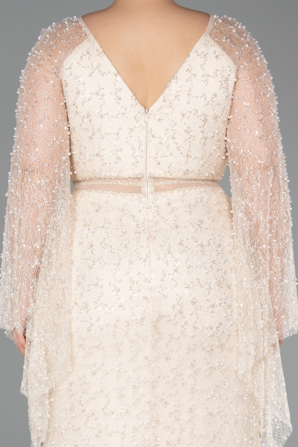 Long Beige Beaded Plus Size Evening Dress ABU6350