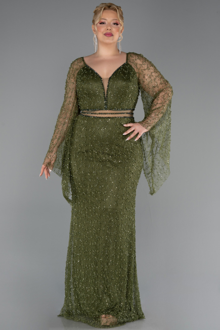 Long Olive Drab Beaded Plus Size Evening Gown ABU6350