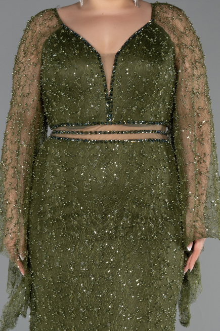 Long Olive Drab Beaded Plus Size Evening Gown ABU6350