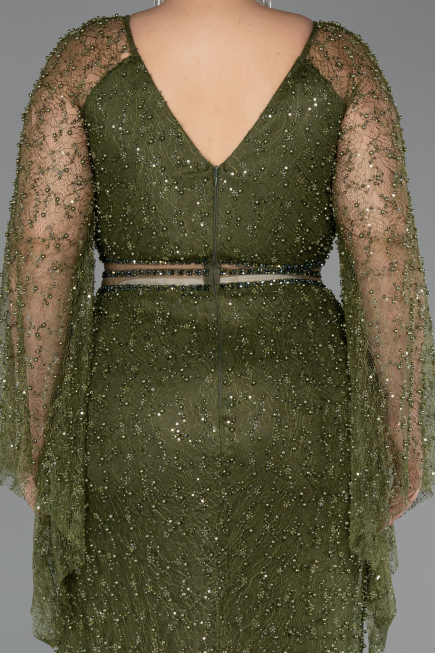 Long Olive Drab Beaded Plus Size Evening Gown ABU6350
