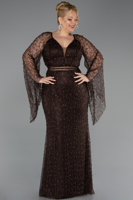 Long Brown Beaded Plus Size Evening Gown ABU6350