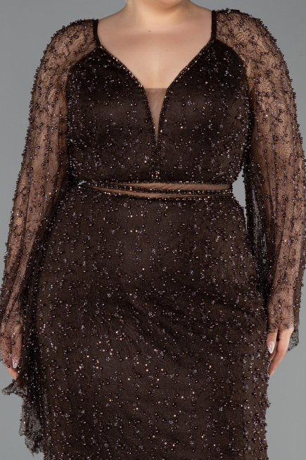 Long Brown Beaded Plus Size Evening Gown ABU6350