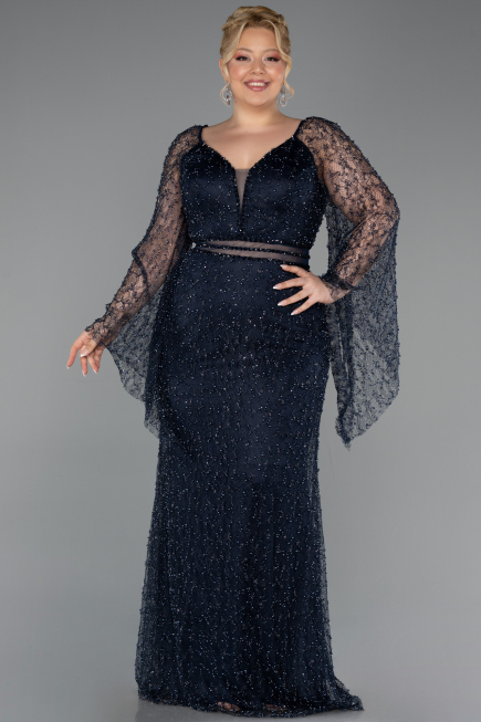 Long Navy Blue Beaded Plus Size Evening Gown ABU6350