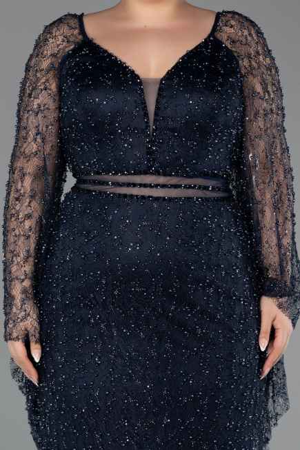 Long Navy Blue Beaded Plus Size Evening Gown ABU6350