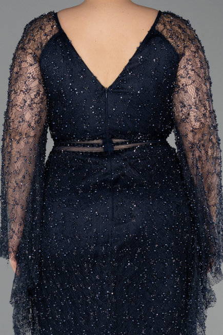 Long Navy Blue Beaded Plus Size Evening Gown ABU6350